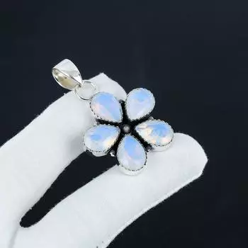 Изящная подвеска из серебра с молочным опалом и драгоценным камнем из стерлингового серебра 925 пробы — цветочный дизайн ручной работы, повседневная бижутерия, подарок на день рождения 1.95 белый