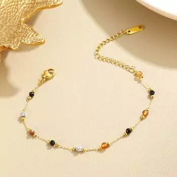 Изящная титановая стальная цепочка для ключицы с натуральным цветным камнем и ретро-золотым покрытием - Универсальный дофаминовый браслет на ногу/браслет
