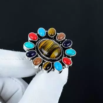 Изящное кольцо с 7 камнями чакр, кольцо из стерлингового серебра 925 пробы, подарок для нее, овальный камень, элегантное кольцо ручной работы, серебряное кольцо с цветком 7 чакр, подарок для мамы US 4 коричневый