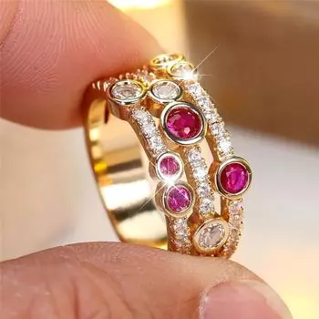 Изящное кольцо с белым и красным цирконом для женщин, роскошное, золотого цвета, кольца-обещания для помолвки, свадебные украшения 6 розы красного/золотой