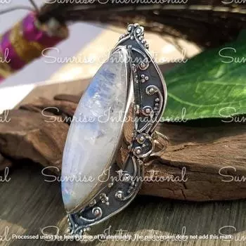 Изящное кольцо с драгоценным камнем | Кольцо из стерлингового серебра 925 пробы с большим радужным лунным камнем для женщин | Камень июня в стиле бохо | Подарок в виде ювелирного украшения ручной работы 4 US белый