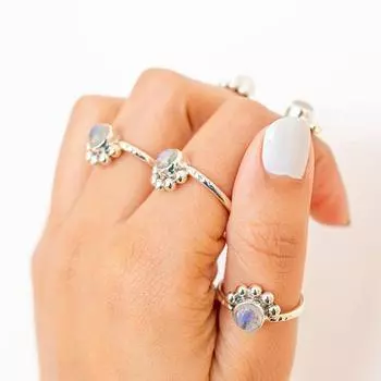 Изящное кольцо с лунным камнем • Изящное индивидуальное составное кольцо • Персонализированный подарок для молодой мамы • Подарок на рождение ребенка • Ювелирные изделия для любителей домашних животных 5 Pcs (Free Size) синий