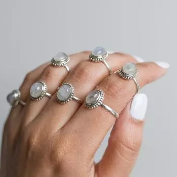 Изящное кольцо с лунным камнем • Изящное индивидуальное составное кольцо • Персонализированный подарок для молодой мамы • Подарок на рождение ребенка • Ювелирные изделия для любителей домашних животных 5 Pcs ( free Size) синий