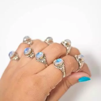 Изящное кольцо с лунным камнем • Изящное индивидуальное составное кольцо • Персонализированный подарок для молодой мамы • Подарок на рождение ребенка • Ювелирные изделия для любителей домашних животных 5 Pcs (Free Size) синий