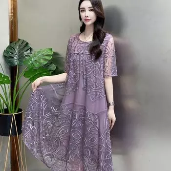 Изящное расклешенное платье из сетки с вышивкой, высококачественное летнее платье с цветочным узором и эффектом коррекции фигуры XL фиолетовый