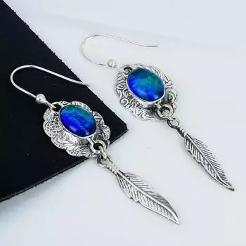Изящные австралийские серьги с тремя опалами, серьги из стерлингового серебра 925 пробы, серьги-подвески ручной работы в стиле бохо из серебра, подарок для нее 2.75 синий