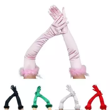 Изящные длинные перчатки с манжетами и перьями, подходящие для праздничных мероприятий розовый