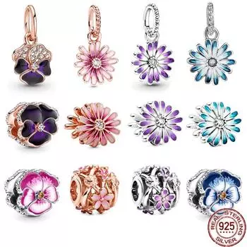 Изящные фиолетовые, синие анютины глазки, подвеска, розовый цветок ромашки, висячие бусины, подходят для оригинального браслета, ожерелье, сделай сам, женские ювелирные изделия, подарок