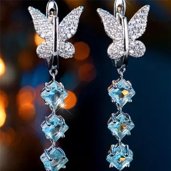 Изящные квадратные светло-голубые циркониевые длинные висячие серьги для женщин серебряные серьги-бабочки простые свадебные украшения серебряный/аква голубой
