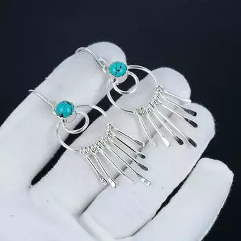 Изящные серьги-крючки с бирюзовыми драгоценными камнями, серьги из стерлингового серебра 925 пробы, серьги-подвески из серебра ручной работы в стиле бохо, праздничный наряд в подарок 2.36 синий