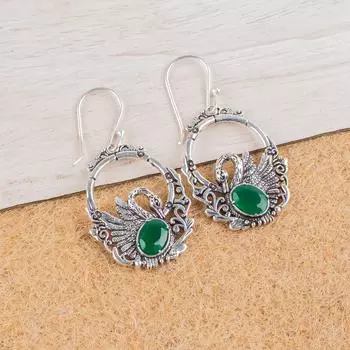 Изящные серьги-подвески из стерлингового серебра 925 пробы с зеленым ониксом 1,64 CE-2-6