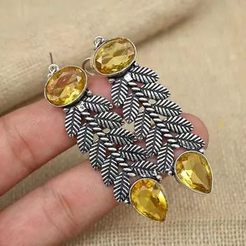 Изящные серьги ручной работы из стерлингового серебра 925 пробы с цитрином для свадебного подарка, ювелирные изделия 2.95 Inches жёлтый