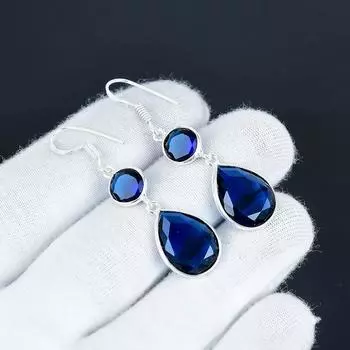 Изящные серьги с драгоценными камнями из голубого сапфира, серьги из стерлингового серебра 925 пробы, серьги-подвески в стиле бохо ручной работы, подарок для вечеринки 7 Cm синий