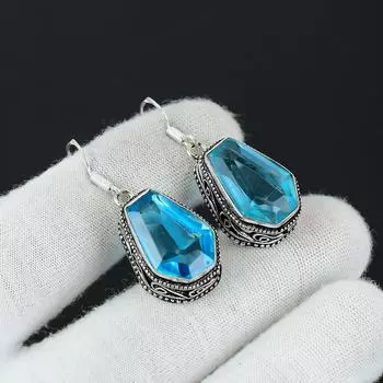 Изящные серьги с драгоценными камнями швейцарского голубого топаза, серьги из стерлингового серебра 925 пробы, серьги-подвески ручной работы в стиле бохо, серебряные украшения, подарок на день рождения для жены 1.96 синий