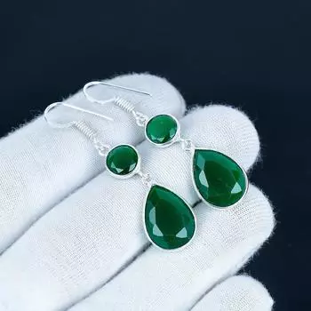 Изящные серьги с изумрудами, серьги из стерлингового серебра 925 пробы, серьги-подвески, серебряные украшения в стиле бохо ручной работы, подарок на День святого Валентина 7 Cm зелёный