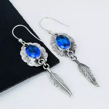 Изящные серьги с лондонским голубым топазом, серьги из стерлингового серебра 925 пробы, серьги-подвески ручной работы в стиле бохо, серебряные украшения, подарки на День матери 2.75 синий