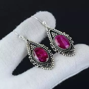 Изящные серьги с рубинами из кашмирского камня, серьги из стерлингового серебра 925 пробы, серьги-подвески из серебра ручной работы в стиле бохо, праздничные наряды в подарок 1.96 красный
