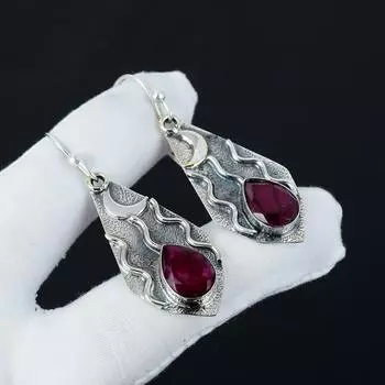 Изящные серьги с рубинами из кашмирского камня, серьги из стерлингового серебра 925 пробы, серьги-подвески из серебра ручной работы в стиле бохо, праздничные наряды в подарок 2.55 красный