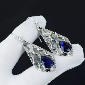 Изящные серьги с синим сапфиром, серьги из стерлингового серебра 925 пробы, серьги-подвески ручной работы в стиле бохо из серебра, подарки из ваты 2.55 синий
