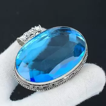 Изящный большой серебряный кулон с драгоценным камнем из голубого топаза из стерлингового серебра 925 пробы — дизайн ручной работы, повседневные украшения, уникальный кулон, подарок на День благодарения 36 синий