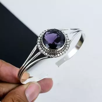 Изящный браслет-манжета с аметистовым драгоценным камнем, браслет-манжета из стерлингового серебра 925 пробы, браслет-манжета с аметистом для жены, браслет унисекс, подарок на день рождения 7 фиолетовый