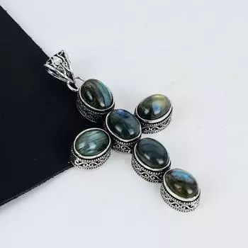 Изящный кулон с драгоценным камнем лабрадорит, серебро 925 пробы — дизайн креста ручной работы, повседневные украшения, уникальные подарки с кулоном из лабрадорита 2.95 синий