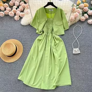 Изящный новый модный комплект, женский кардиган с короткими рукавами в стиле вестерн, маленький костюм, верхняя одежда, платье на бретельках, модный комплект из двух предметов One Size чёрный