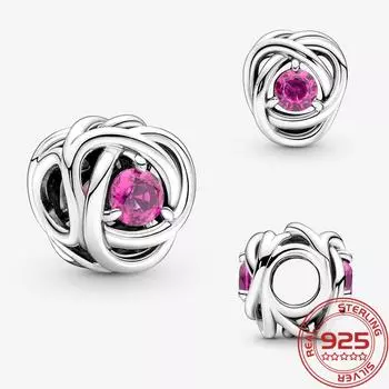 Изящный серебряный 925 пробы октябрьский розовый камень вечности с подвесками в виде круга, модный браслет, серебряное ожерелье с подвесками, подарки для девочек, ювелирные изделия своими руками