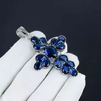 Изящный серебряный крест с драгоценным камнем зеленого турмалина из серебра 925 пробы — дизайн в виде груши ручной работы, повседневная бижутерия, подарок на День матери 2.95 синий