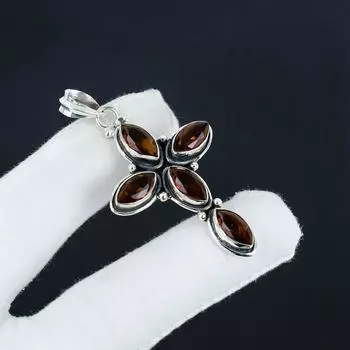 Изящный серебряный крест с дымчатым топазом из серебра 925 пробы — дизайн ручной работы, повседневные украшения, уникальный кулон, подарок на День матери 2.7 коричневый