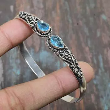 Изящный швейцарский синий топаз, драгоценный камень, ювелирные изделия ручной работы, браслет из стерлингового серебра 925 пробы, регулируемый Adjustable синий