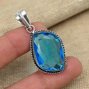 Изящный синий топаз Gemstone 925 Sterling Silver Handmade Fancy Pendant Jewelry 1.77 Inches синий