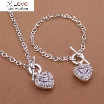 Изящный тренд 925 пробы стерлингового серебра романтическое сердце кристалл кулон ожерелье браслеты ювелирные наборы для женщин благородная мода подарок на вечеринку