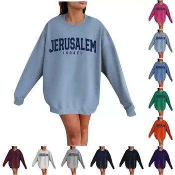 Израильская женская модная повседневная толстовка с длинным рукавом и круглым вырезом с принтом, топ M синий