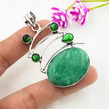 Изумруд, хромдиопсид кулон, ювелирные изделия из цельного серебра 925 пробы с драгоценными камнями, кулон ручной работы, на День благодарения 2.48 Inches зелёный