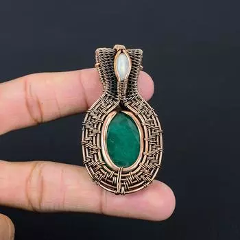 Изумруд и лунный камень, драгоценный камень, чистая медная проволока, замечательная ювелирная подвеска ручной работы 2.56 Inches зелёный