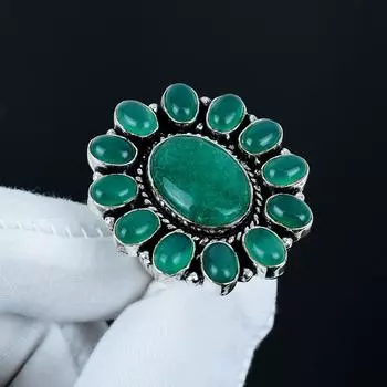 Изумруд , Кольцо с драгоценным камнем Зеленый Оникс, Кольцо из стерлингового серебра 925 пробы, Подарок для нее, Овальный камень ,Элегантное кольцо ручной работы, Серебряное кольцо с цветком из зеленого оникса US 4 зелёный
