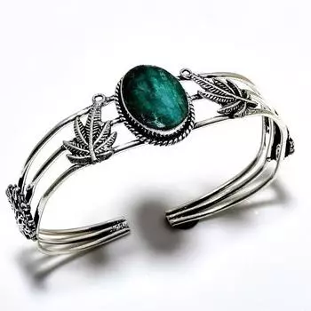 Изумруд(Смоделированный) Ювелирный браслет-манжета ручной работы с драгоценным камнем 925 пробы и посеребренным покрытием