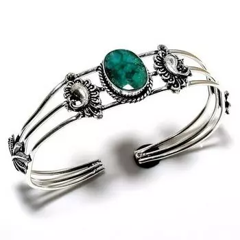 Изумруд(Смоделированный) Ювелирный браслет-манжета ручной работы с драгоценным камнем 925 пробы и посеребренным покрытием