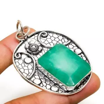 Изумруд(Смоделированный) Ювелирный кулон с драгоценным камнем 925, посеребренный, 2,27 дюйма 2.27 зелёный