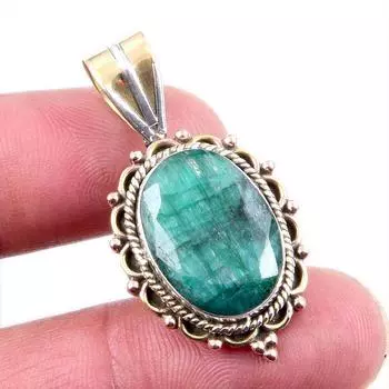 Изумруд(Смоделированный) Подарок ручной работы из стерлингового серебра 925 пробы, двухцветный кулон 1,5 дюйма n2d69