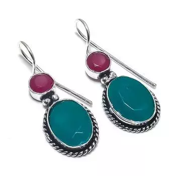 Изумруд(Смоделированный), Рубин(Смоделированный) Серьги ручной работы с драгоценными камнями 1,30 дюйма R7H18