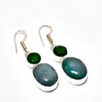 Изумруд(Смоделированный), Серьги с покрытием из серебра 925 пробы диопсид, 1,70 дюйма