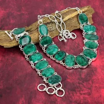 Изумрудное ожерелье и браслет, стерлинговое серебро 925 пробы, комплект украшений из замбийского изумруда, ювелирное ожерелье и браслет ручной работы с регулируемой цепочкой Adjustable With 8 -18 зелёный