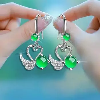 Изумрудные серьги-лебеди, модные ювелирные изделия, женские серьги из серебра 925 пробы, 2 мм, зеленый агат