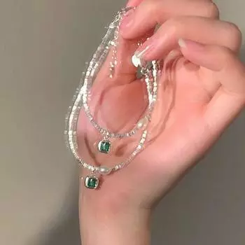 Изумрудный циркон сломанный серебряный браслет с жемчугом женский нишевый ретро легкий роскошный высококачественный темпераментный универсальный браслет ювелирные изделия