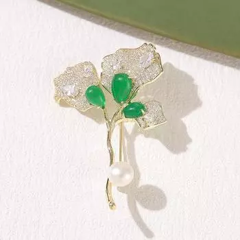 Изумрудный цирконий, брошь в виде листьев гинкго, женский корсаж из пресноводного жемчуга