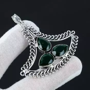 Изумрудный драгоценный камень. Подвеска ручной работы из драгоценного камня высшего качества. Подвеска из стерлингового серебра 925 пробы, античная серебряная подвеска, подвеска из трех камней для подарков. 2.36 зелёный