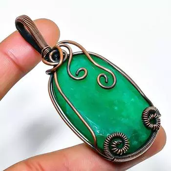 Изумрудный драгоценный камень, ручная работа, медная проволочная обертка, кулон 2,56 дюйма 2.56 зелёный
