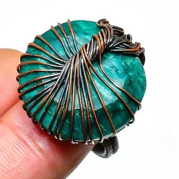 Изумрудный драгоценный камень, ручная работа, медная проволочная обертка, ювелирное кольцо, размер 7,5